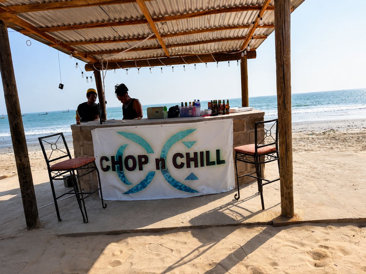 Chop n Chill beach bar with the ocean behind it