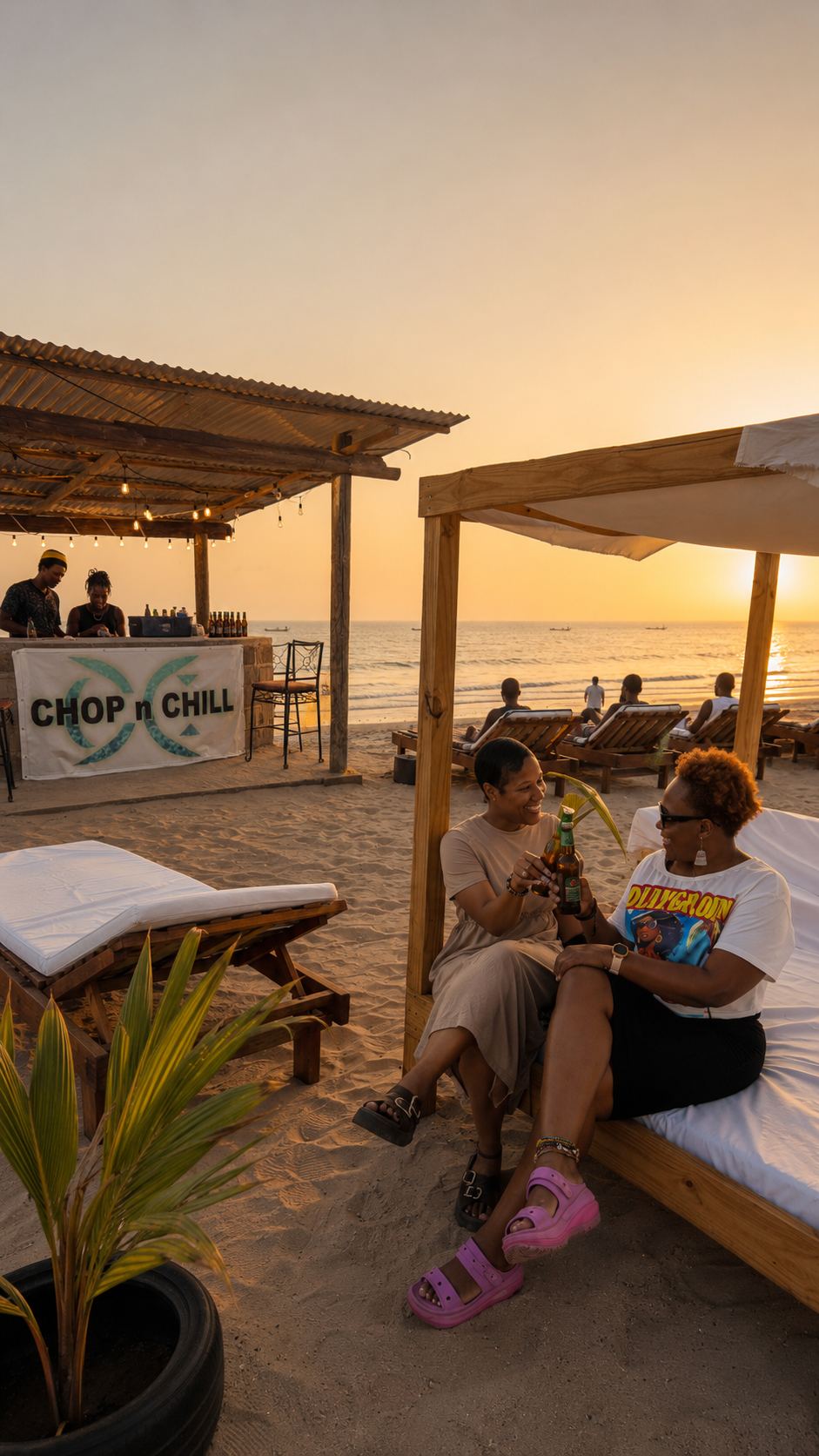 Golden evening atmosphere at the beach club bar