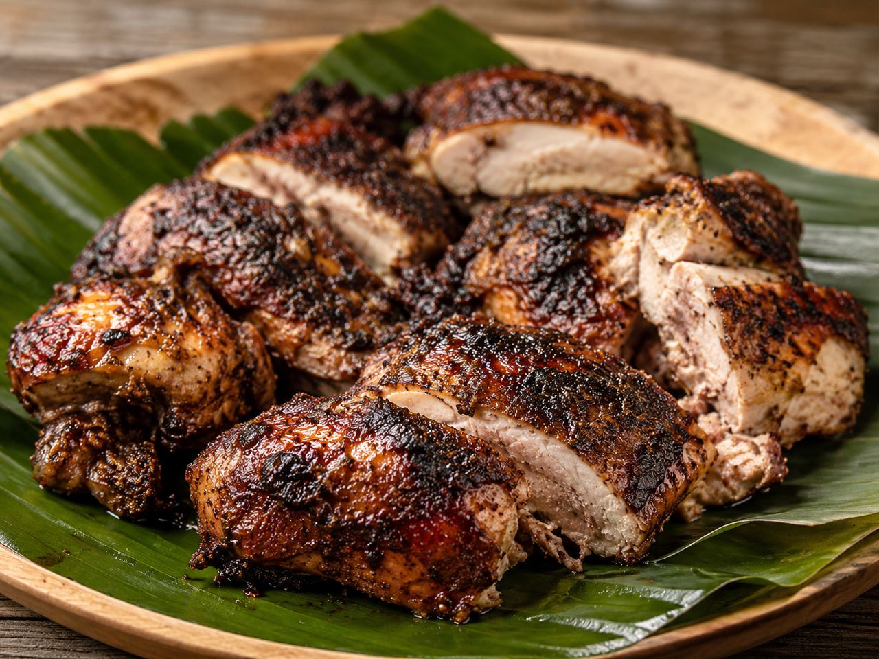 Jamaican jerk chicken grilled and served on a green leaf