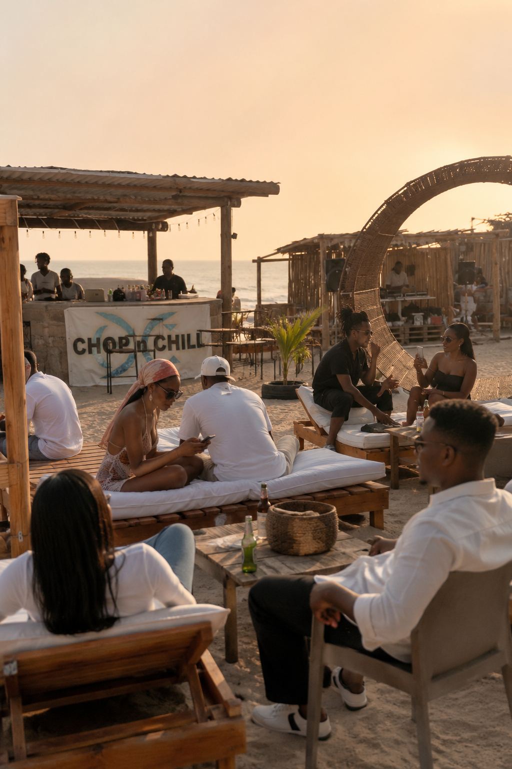 People relaxing at Chop n Chill Beach Club during golden hour