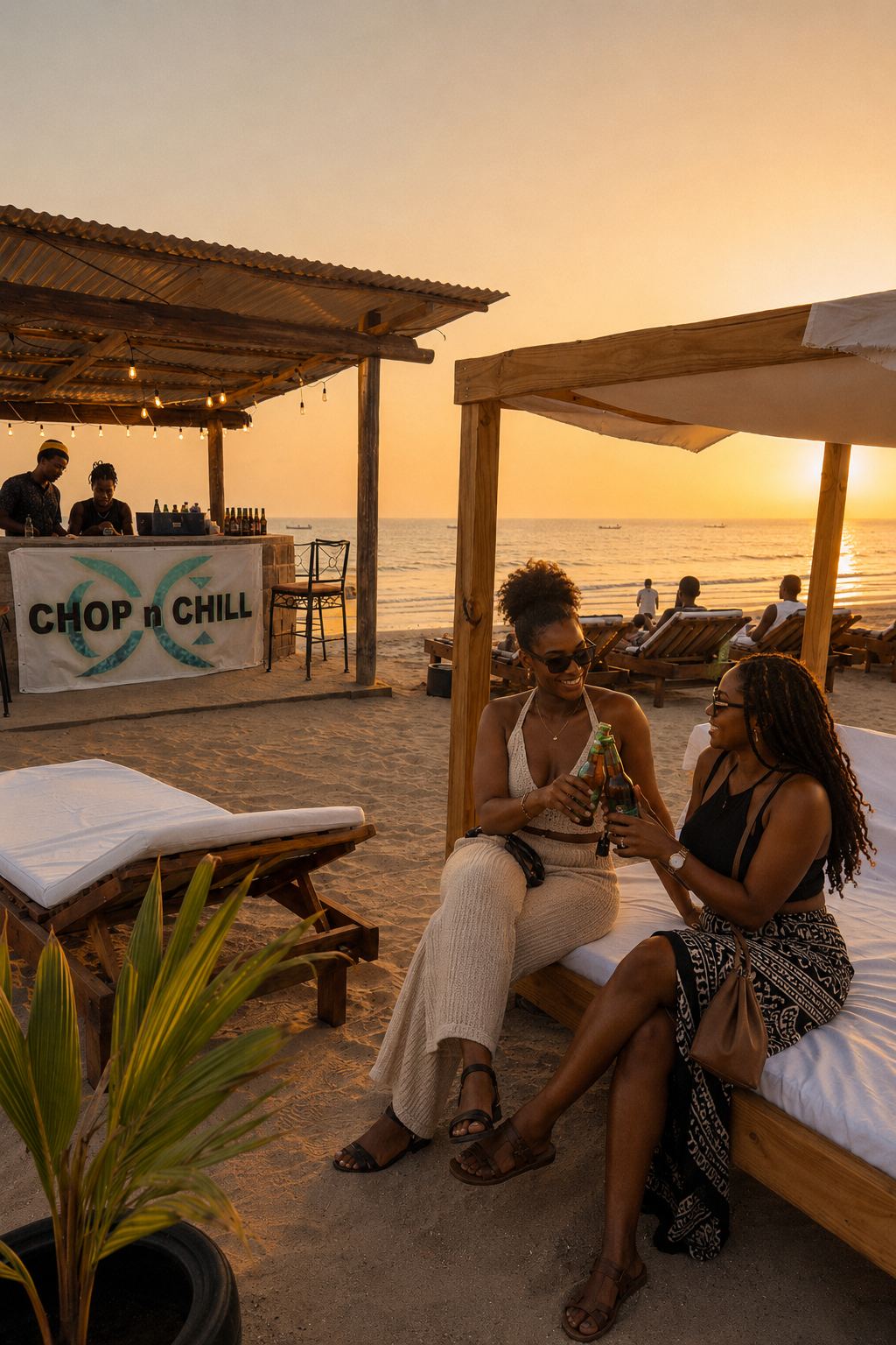 Two friends enjoying drinks at Chop n Chill during sunset